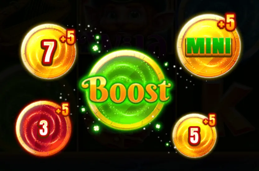 Bright golden coins with numbers and a green 'Boost' coin indicating bonus increments in the 3 Irish Treasures slot game.