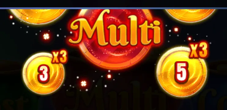Golden coins with multiplier values and the word 'Multi' in bold red and gold lettering, emphasizing bonus multipliers in the 3 Irish Treasures slot game.