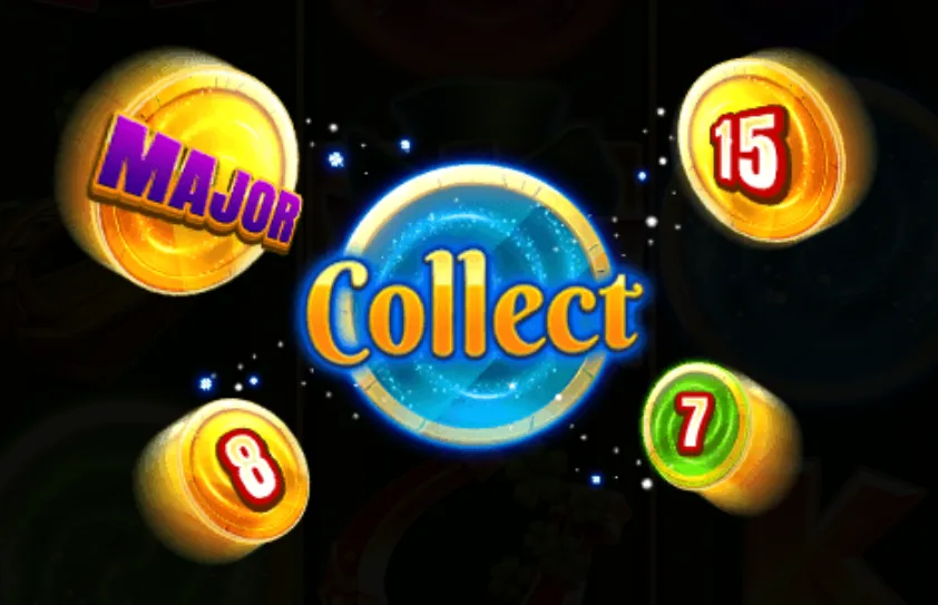 Bright golden coins with numbers and a major jackpot label surround a glowing blue circle with the word 'Collect' in bold yellow font.