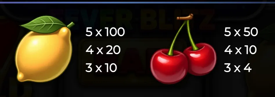 Bright lemon and cherry fruit symbols with their corresponding payout multipliers displayed on a dark background.
