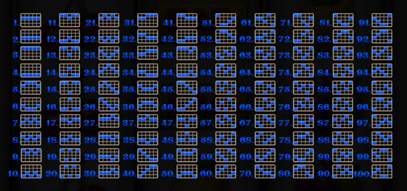 A detailed grid layout showing 100 distinct paylines highlighted in blue on a dark background for the slot game Fruits Fever Blitz.