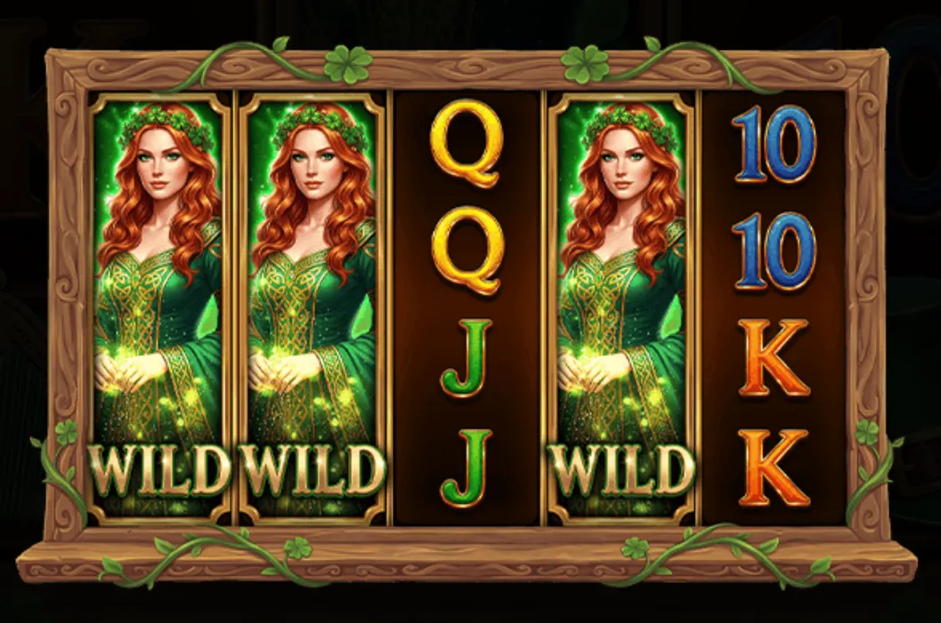 Slot reels featuring a red-haired queen in a green Celtic dress as the wild symbol, alongside traditional card symbols with a wooden frame decorated with clovers.