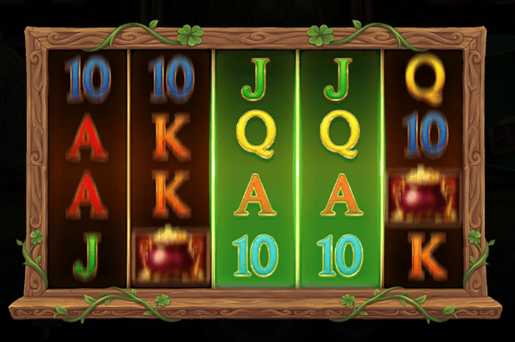 Slot reels featuring traditional card symbols and Irish-themed icons like a pot of gold, framed by wooden borders entwined with clovers.