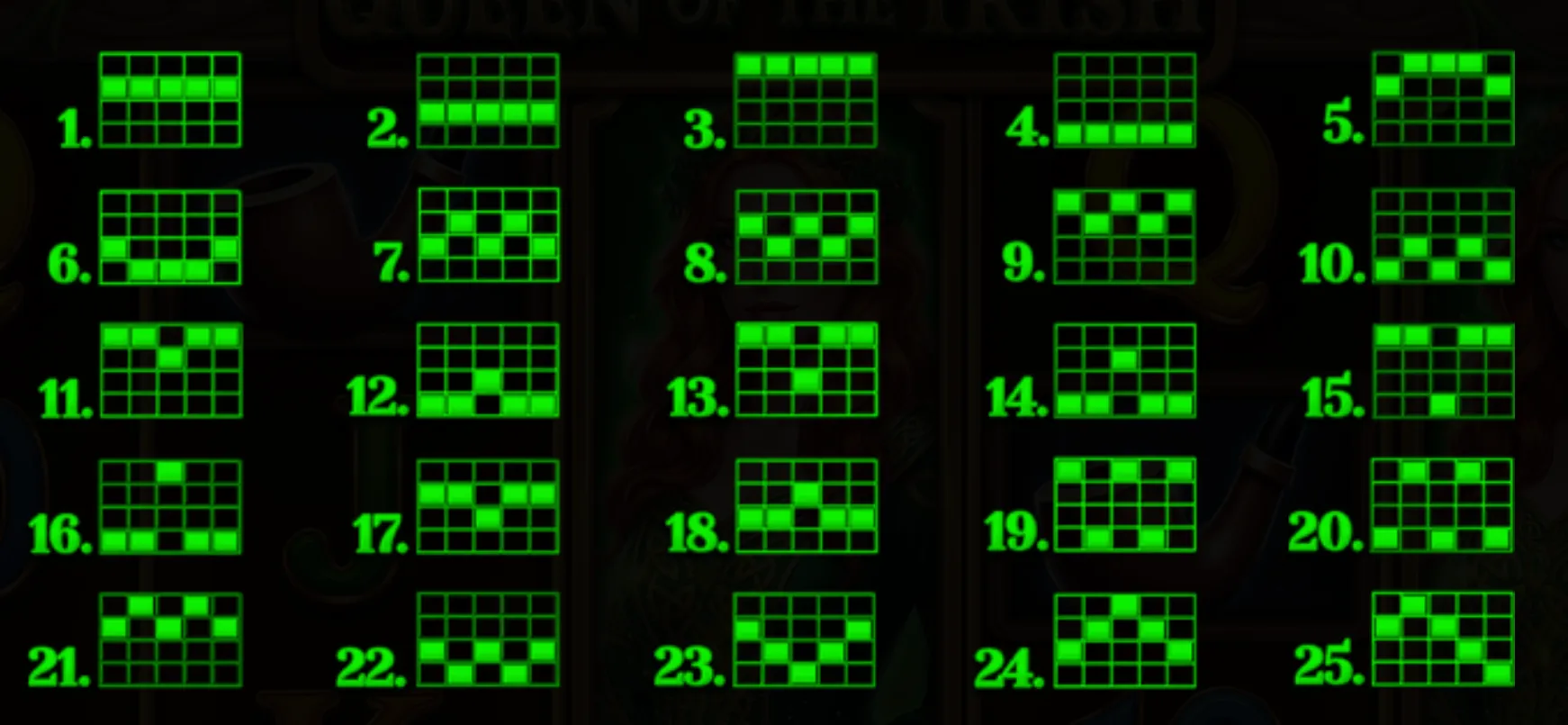 Bright green grid patterns illustrating 25 paylines on a dark background with a faint image of a red-haired woman behind.