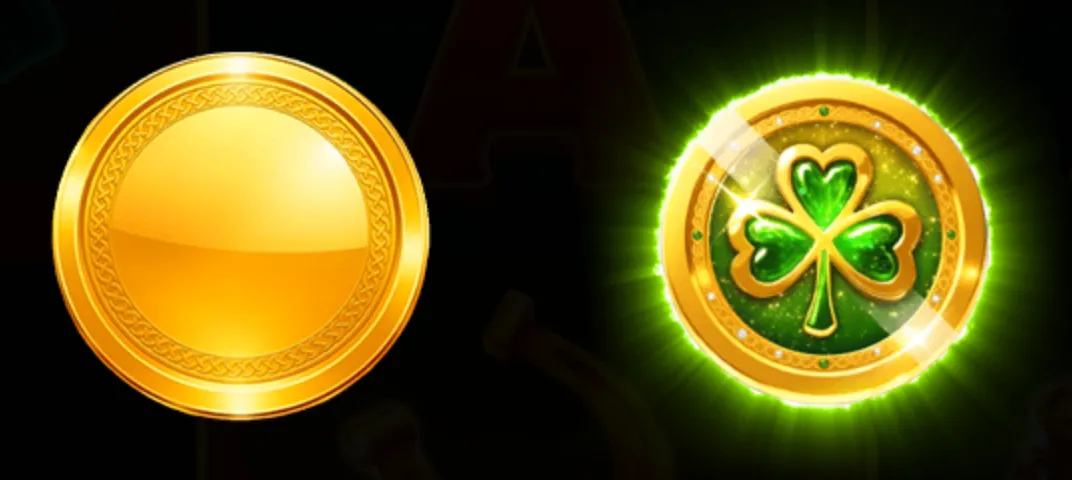 Two shiny golden coins, one plain and one featuring a glowing green shamrock, symbolizing luck and Celtic heritage.