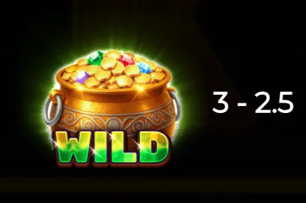 Golden pot filled with shiny coins and colorful gems labeled as a wild symbol with a payout multiplier of 2.5 for three matches.
