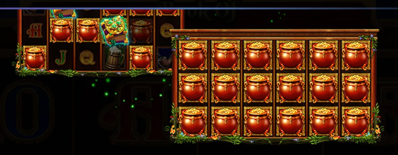 Slot reels filled with golden pots of gold and a glowing enchanted book symbol, set against a dark backdrop with green sparkles.