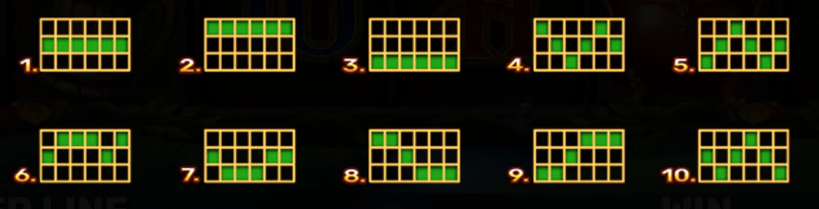 A set of ten highlighted paylines in green on a dark background, showing different winning line patterns for the slot game Book of Irish Treasures 2.