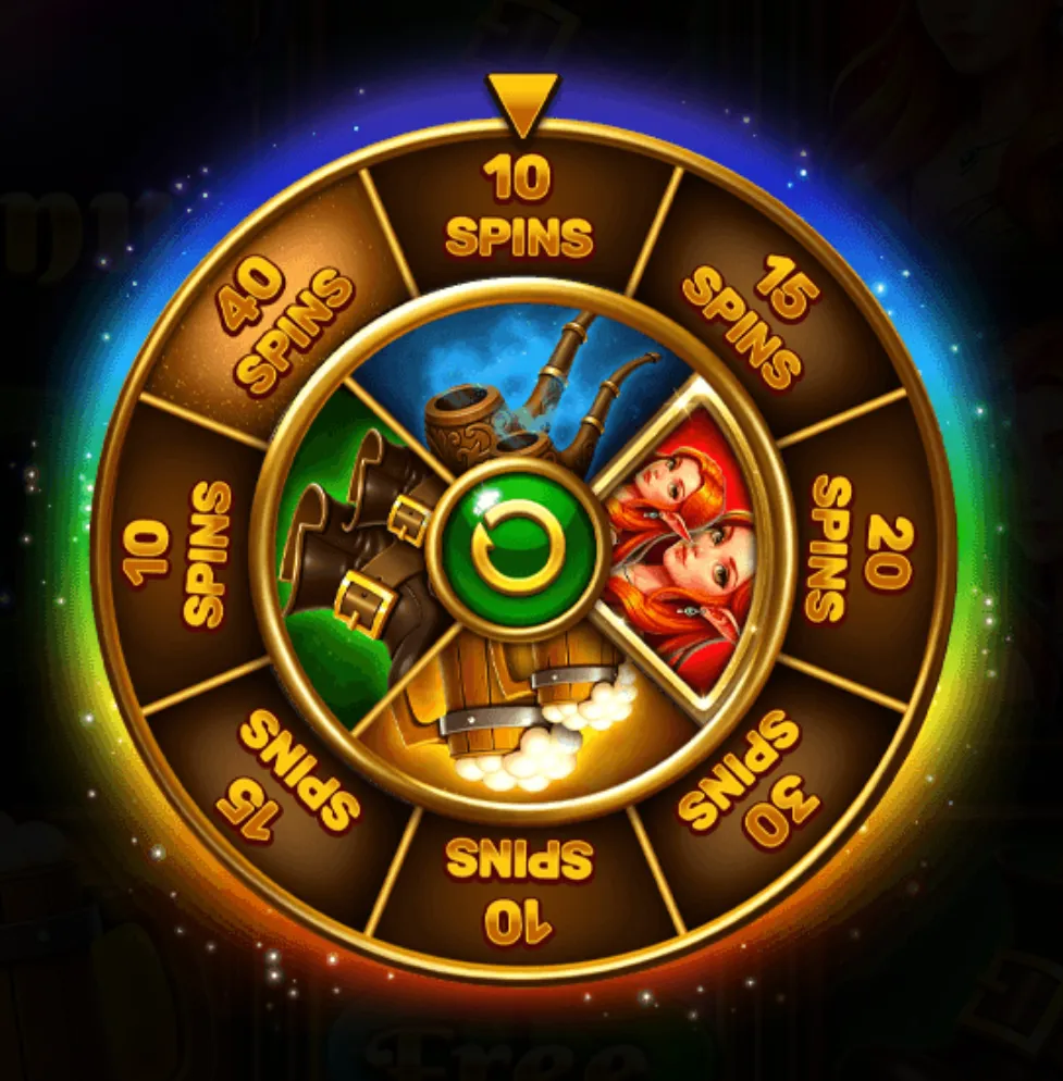 A colorful spinning wheel with various free spins options and thematic leprechaun symbols in the center, set against a glowing multicolor aura.