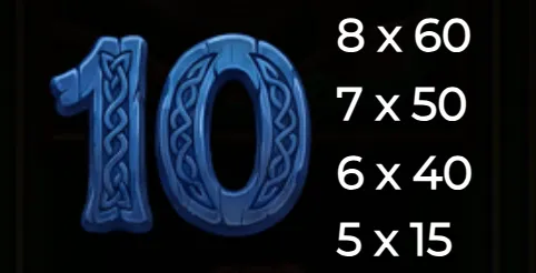 Blue Celtic-styled number 10 symbol with corresponding payout values displayed on a dark background.