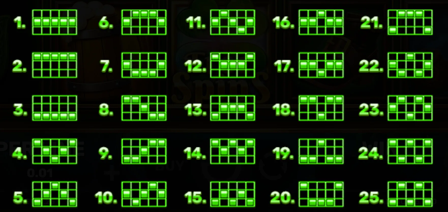 Green neon grid patterns representing 25 distinct paylines on a dark background for the Majestic Leprechaun slot game.