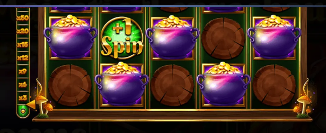 Slot reels featuring purple pots of gold, wooden log symbols, and a glowing +1 Spin icon with a multiplier meter on the side.