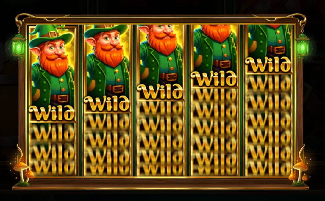 Majestic Leprechaun slot reels filled with stacked wild symbols featuring a cheerful leprechaun in green attire.