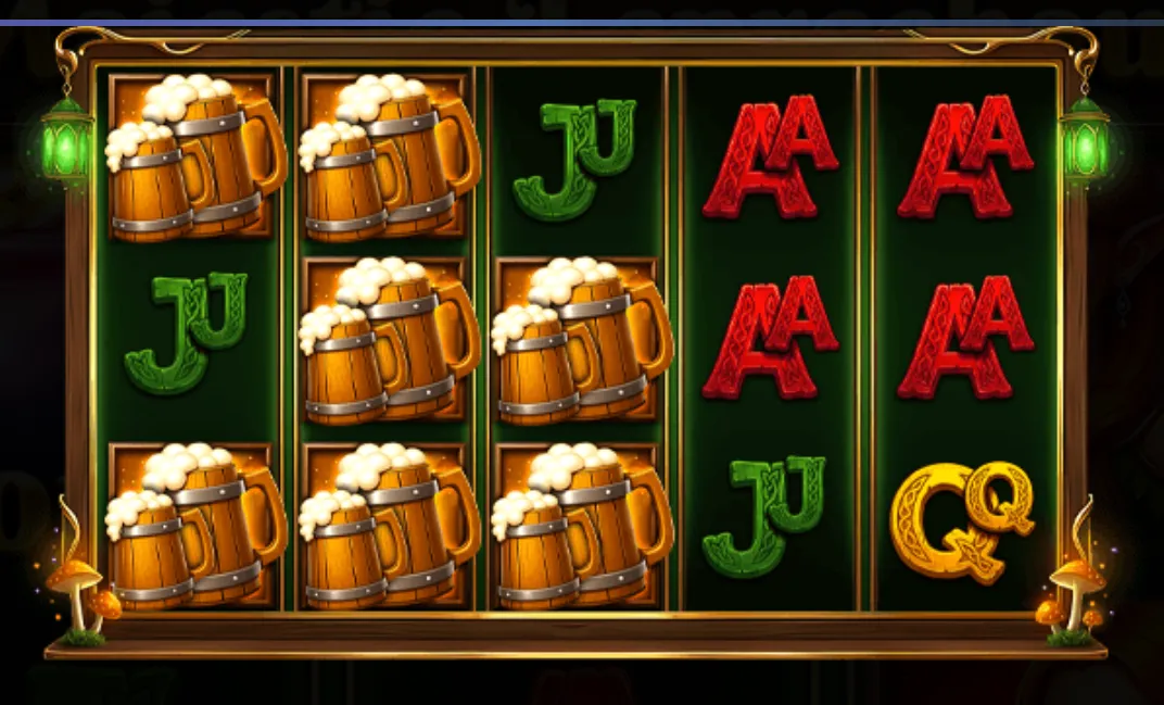 Slot reels featuring frothy beer mugs, stylized playing card letters, and green and gold accents in a leprechaun-themed setting.
