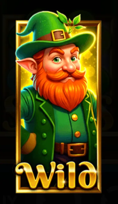 A vibrant depiction of a cheerful leprechaun with a red beard and green attire, framed in gold with the word 'Wild' below, symbolizing a key game feature.