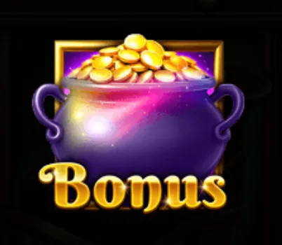 A glowing purple pot filled with shining gold coins labeled 'Bonus', symbolizing a rewarding feature in the Majestic Leprechaun slot game.
