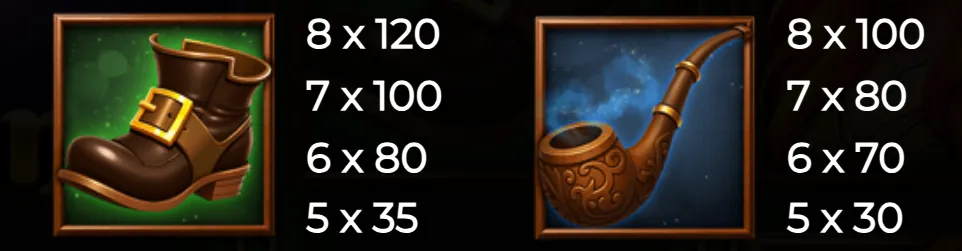 Two framed symbols from Majestic Leprechaun slot game featuring a leprechaun boot and a smoking pipe with their respective payout values.