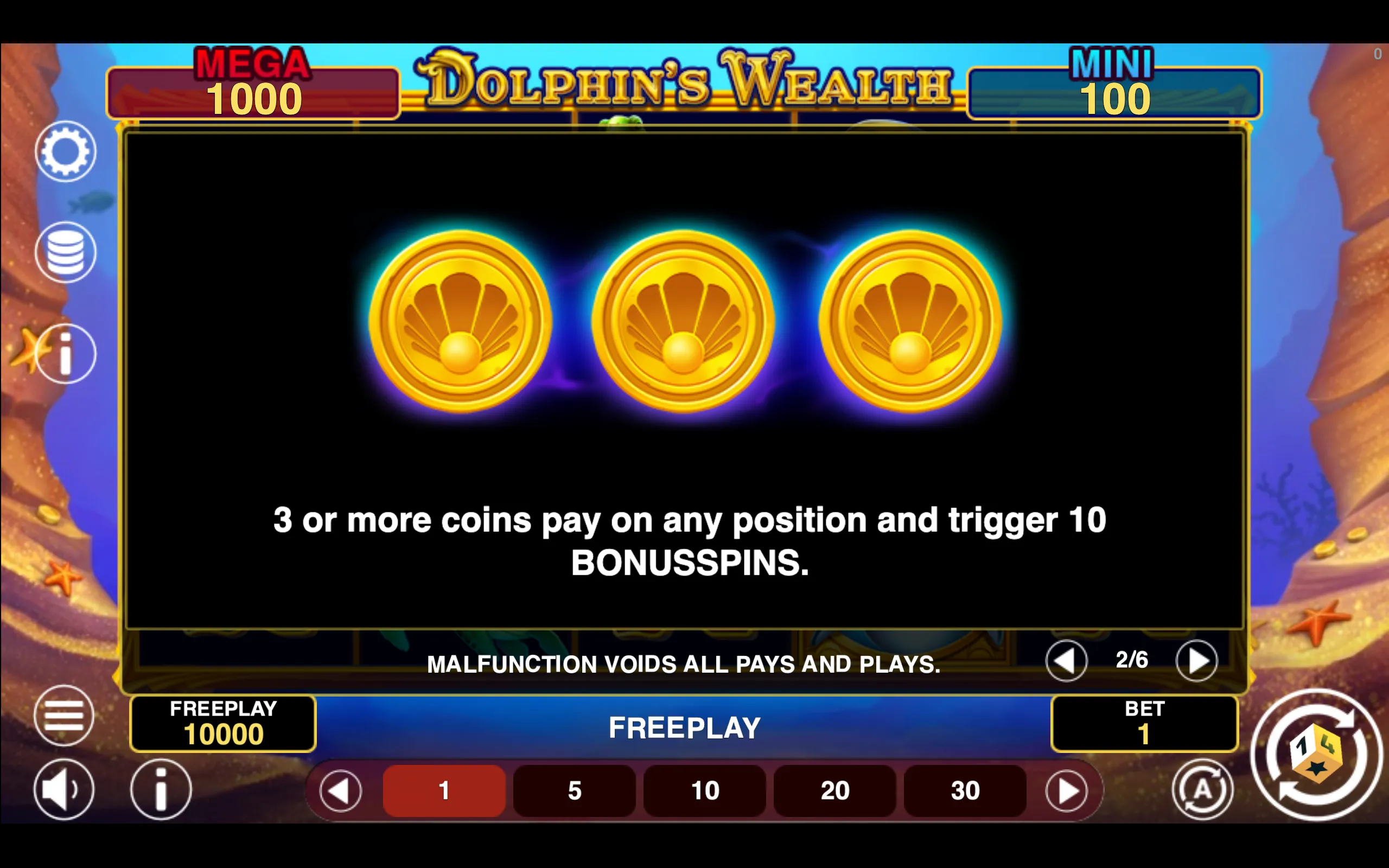 Dolphin's Wealth Win Spins paytable page 2 with symbol payouts