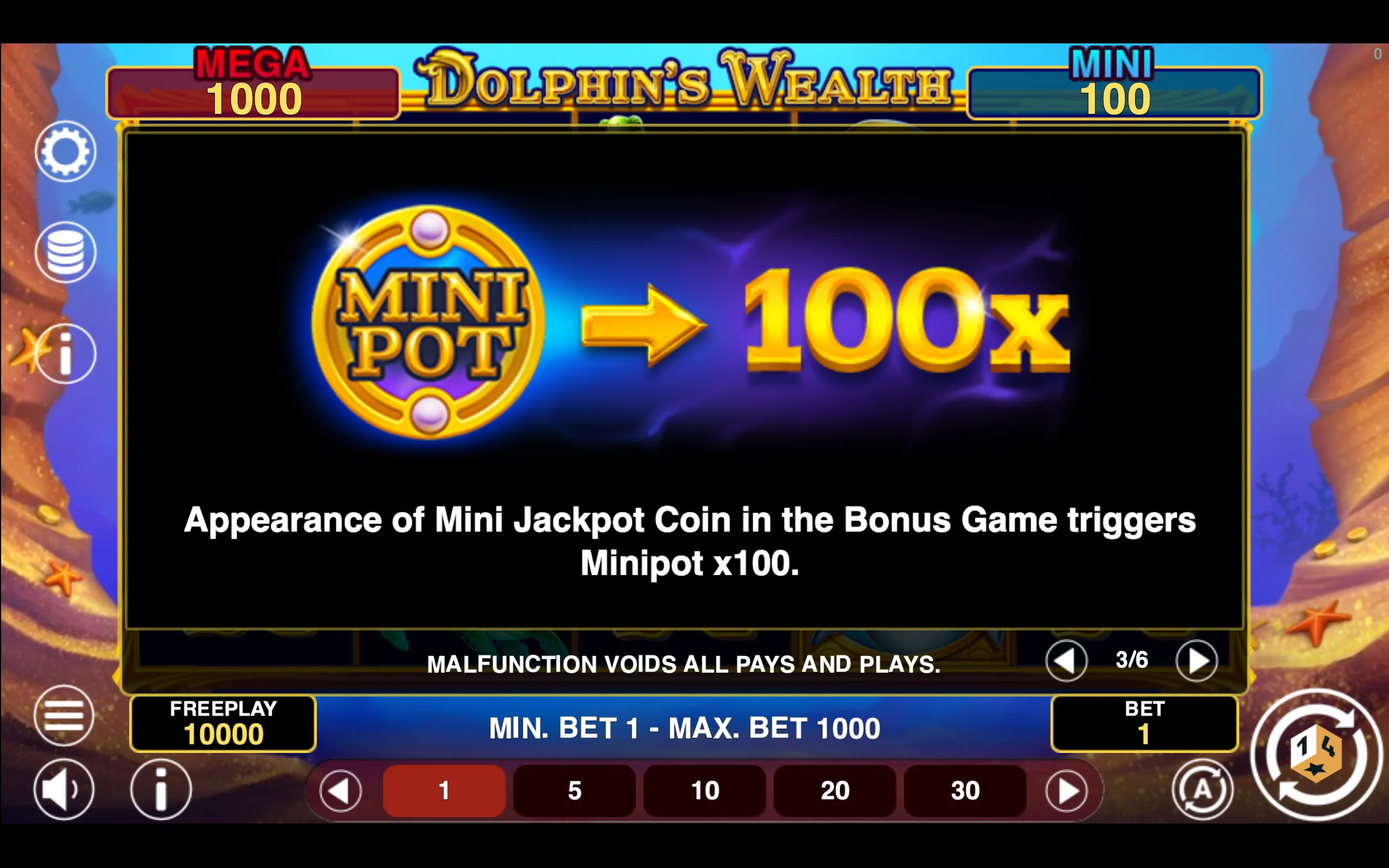 Dolphin's Wealth Win Spins paytable page 3 with symbol payouts
