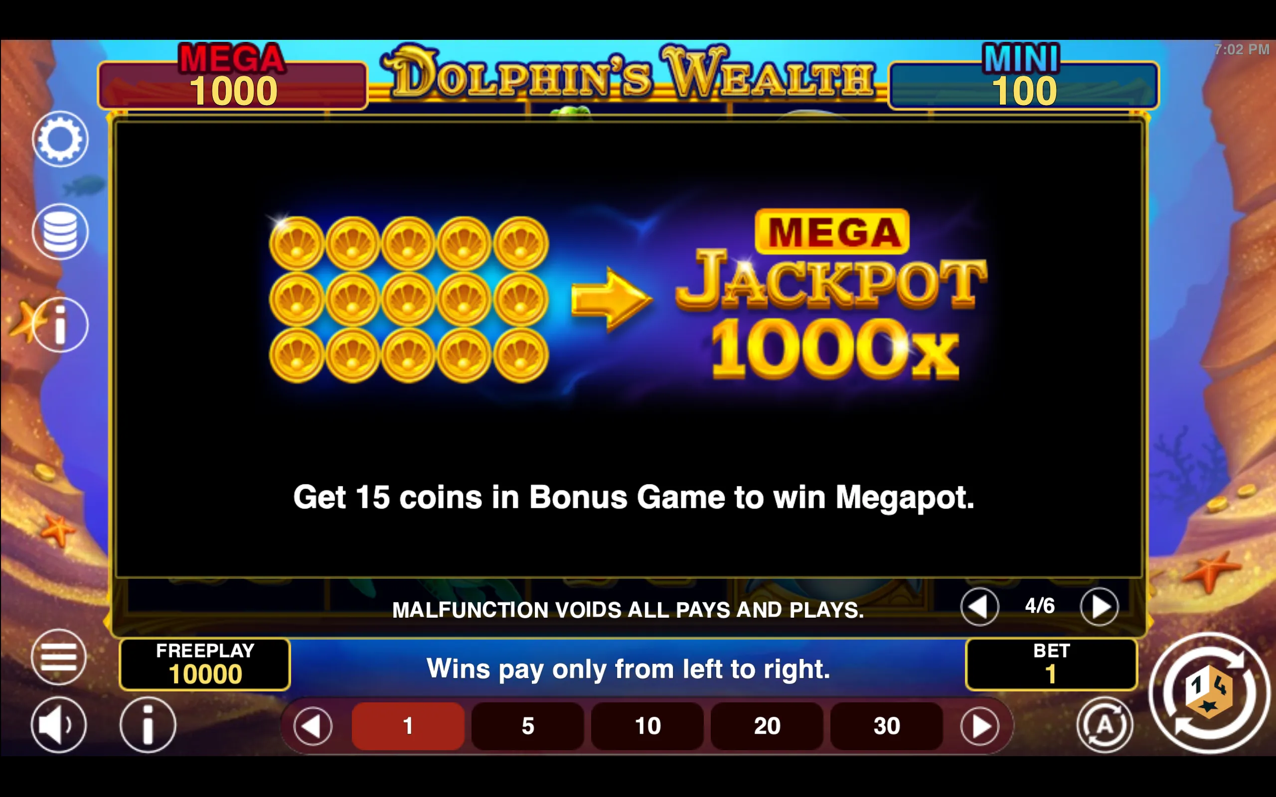 Dolphin's Wealth Win Spins paytable page 4 with symbol payouts
