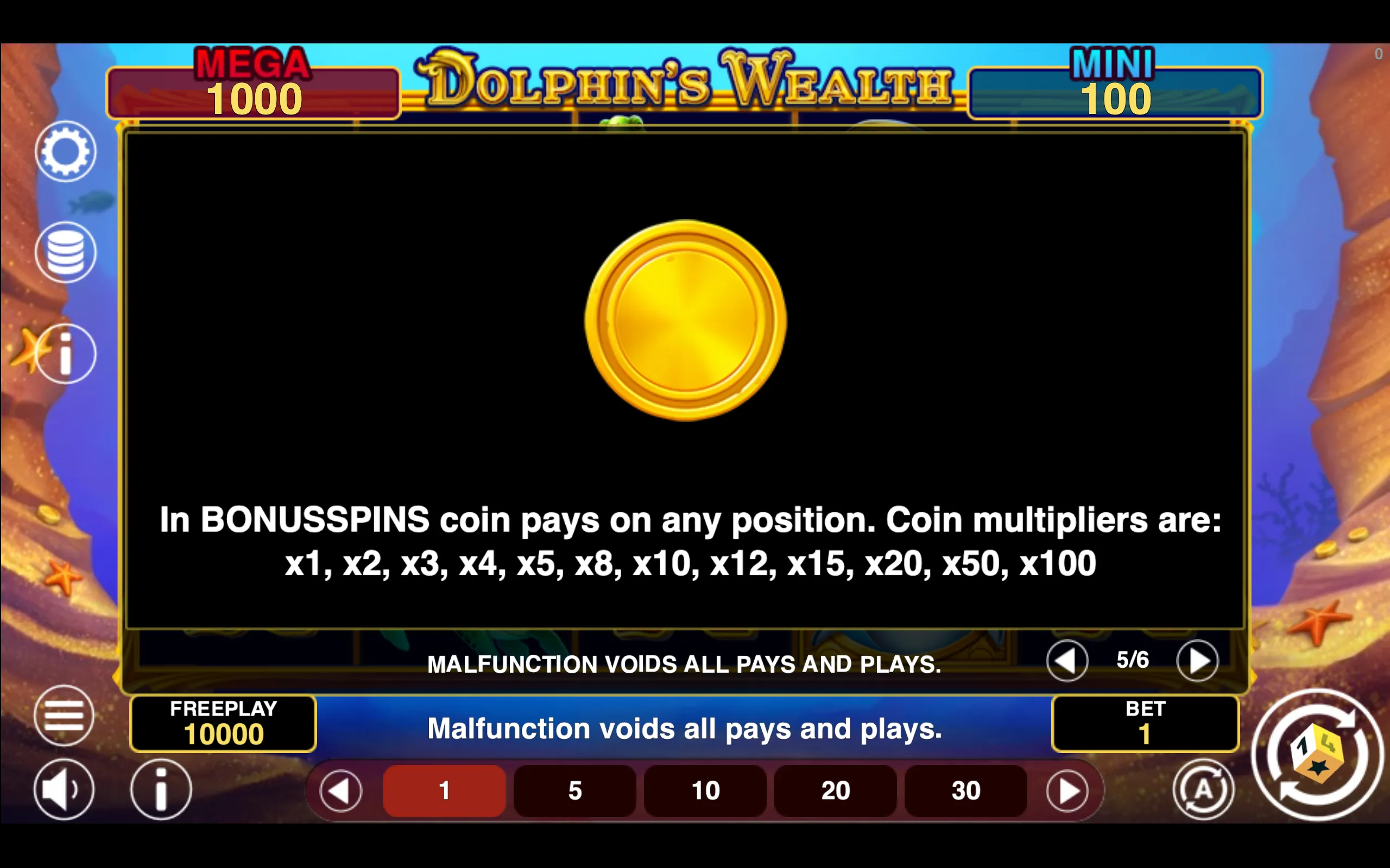 Dolphin's Wealth Win Spins paytable page 5 with symbol payouts