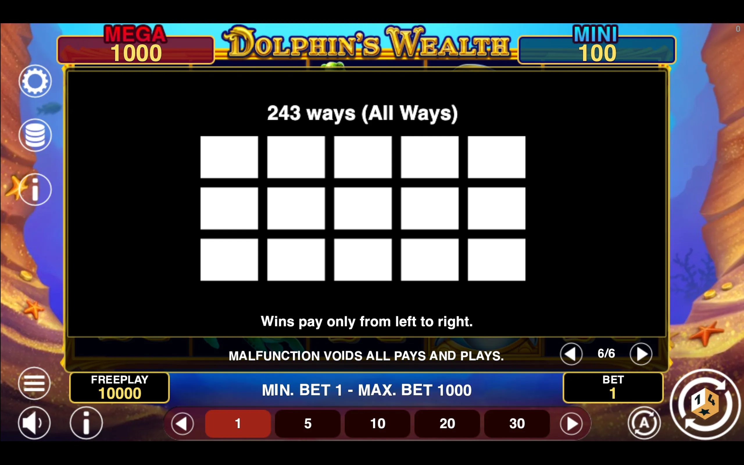 Dolphin's Wealth Win Spins paytable page 6 with symbol payouts