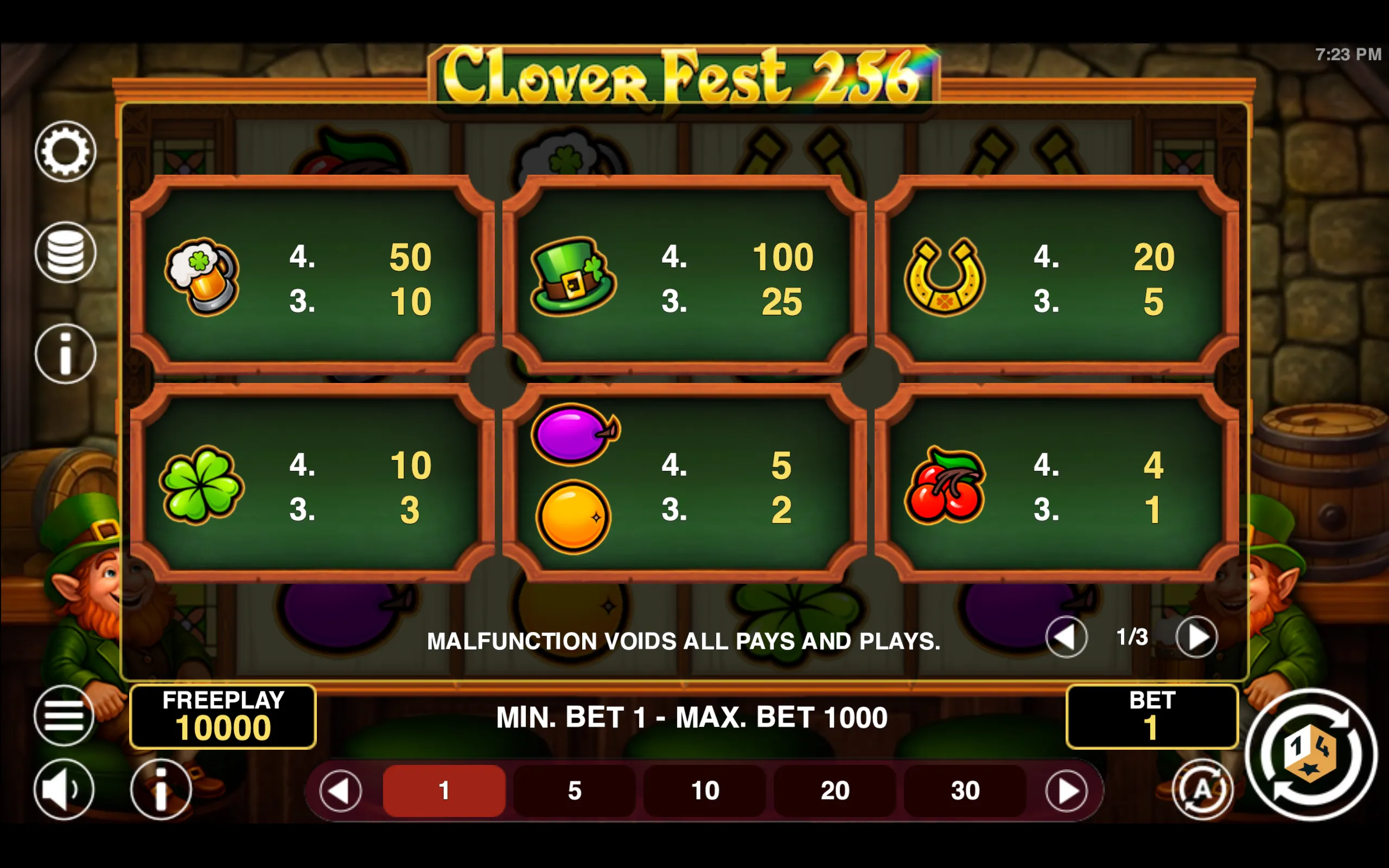 Clover Fest 256 paytable page 1 with symbol payouts
