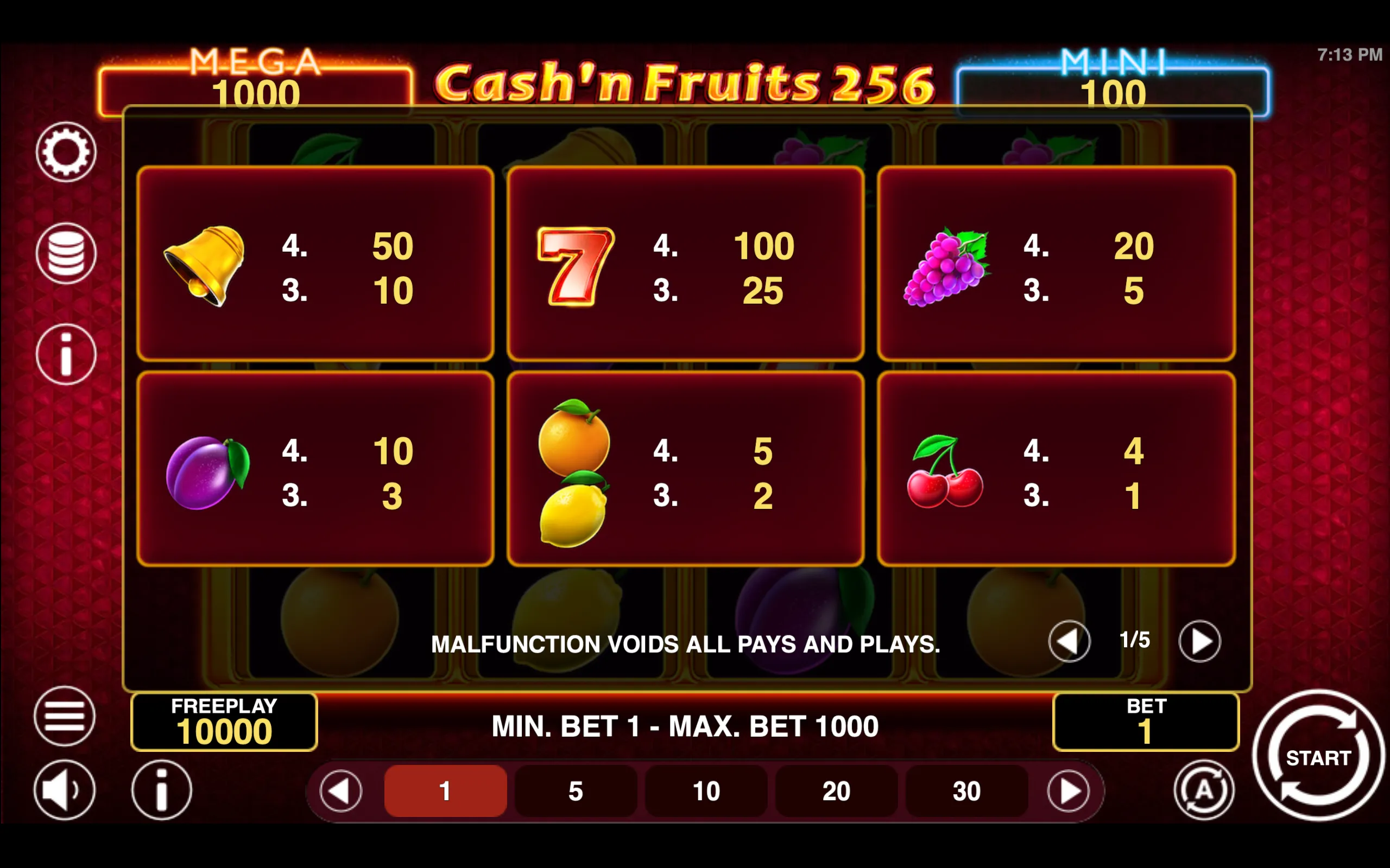 Cash'n Fruits 256 Hold & Win paytable page 1 with symbol payouts