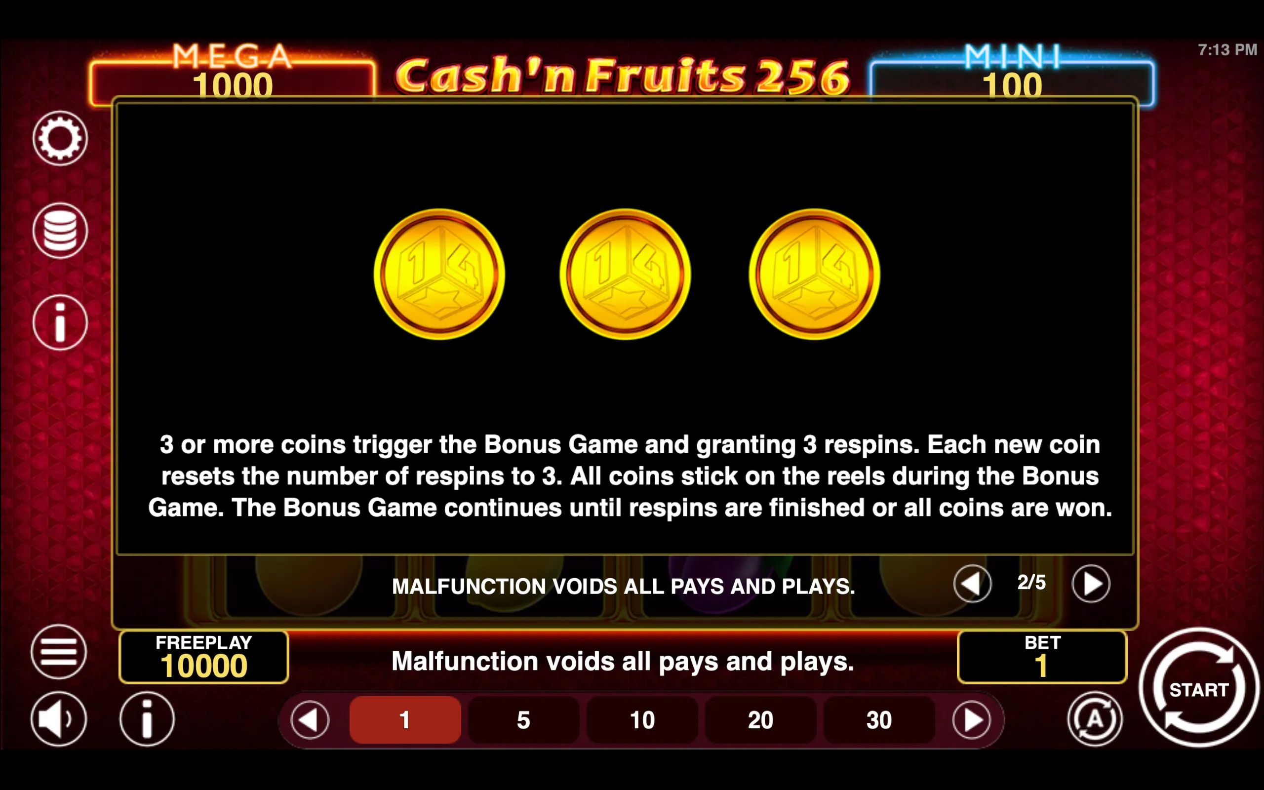 Cash'n Fruits 256 Hold & Win paytable page 2 with symbol payouts