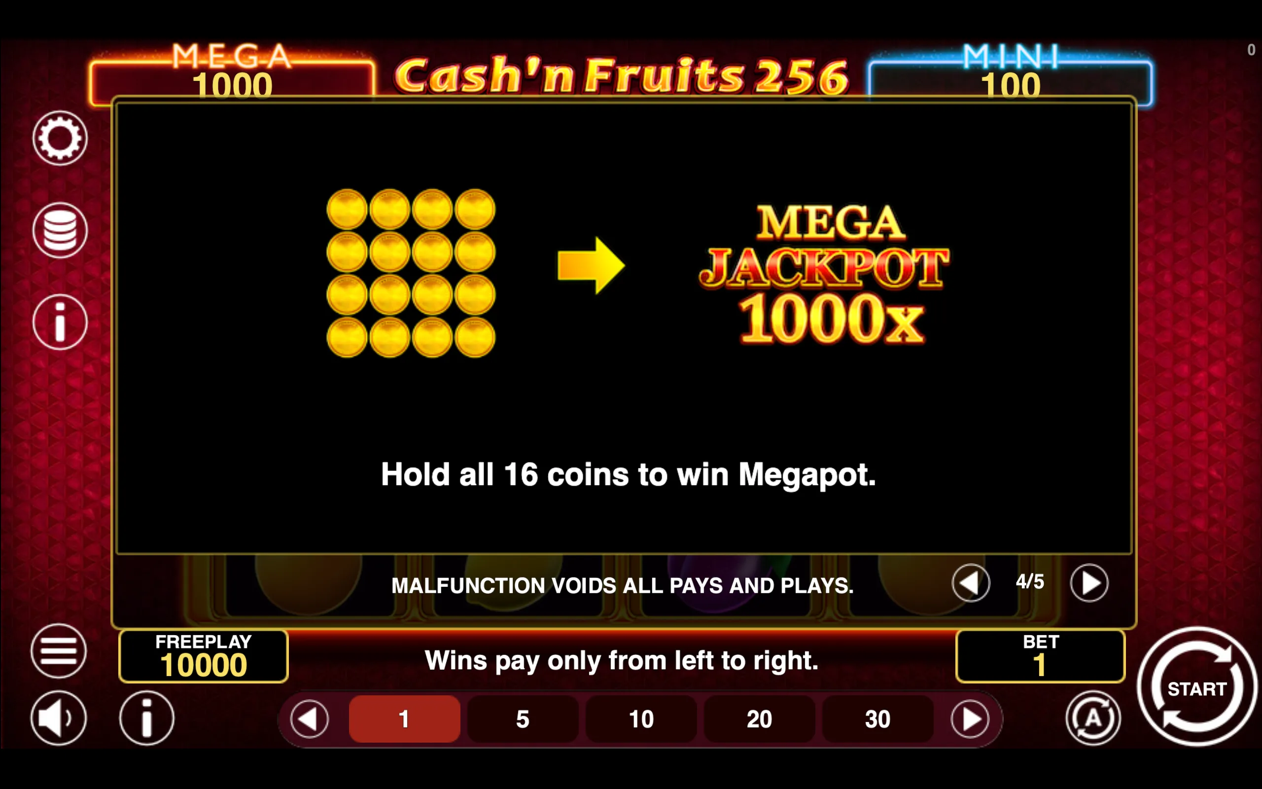 Cash'n Fruits 256 Hold & Win paytable page 4 with symbol payouts