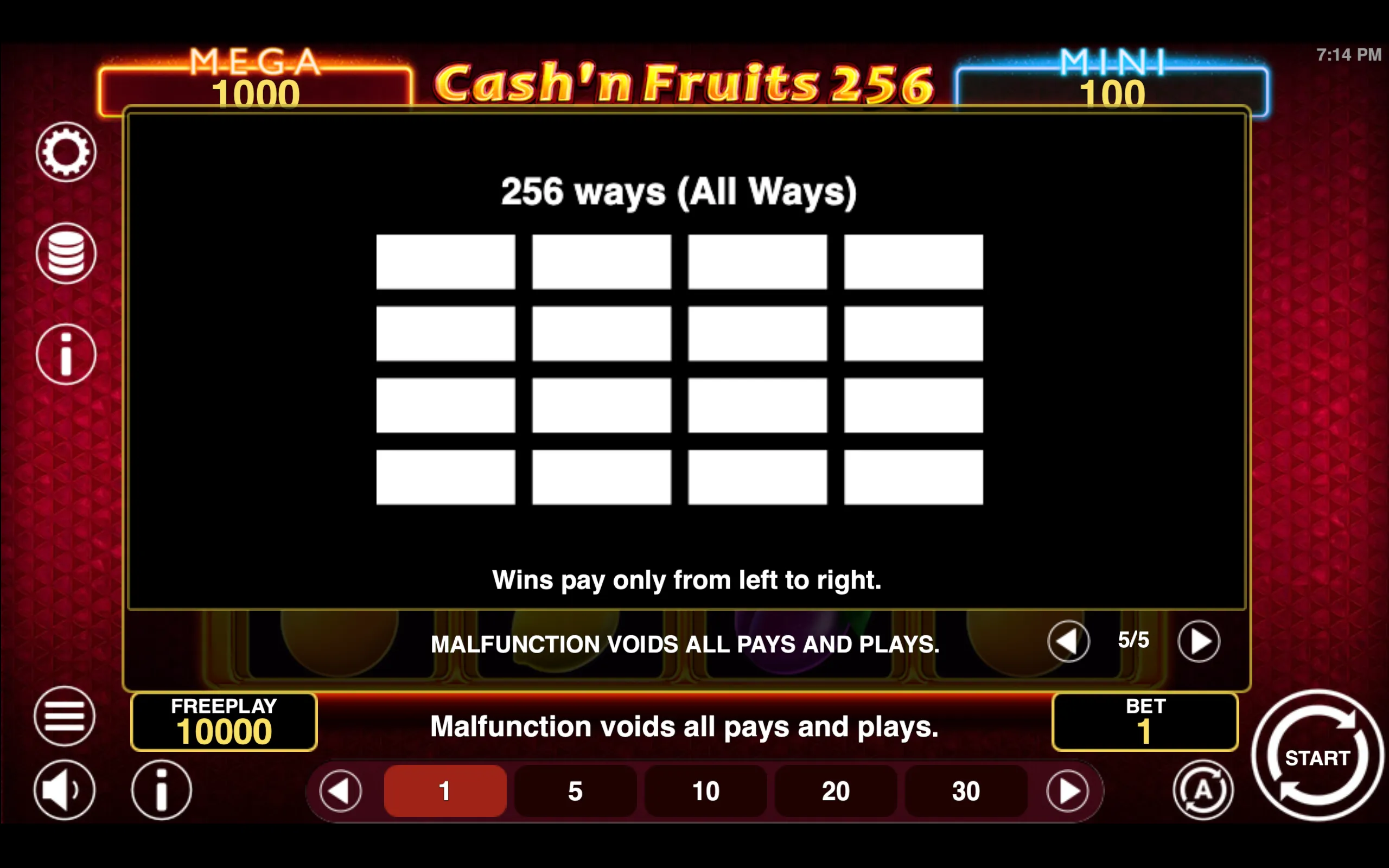 Cash'n Fruits 256 Hold & Win paytable page 5 with symbol payouts