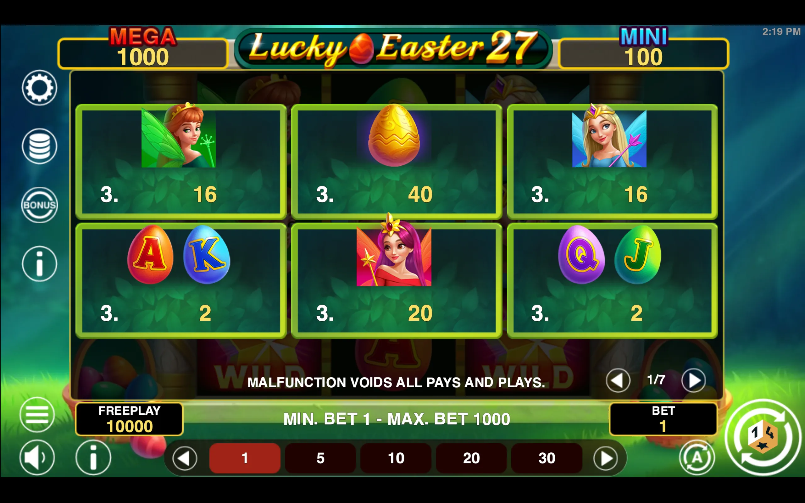 Lucky Easter 27 Hold & Win paytable page 1 with symbol payouts