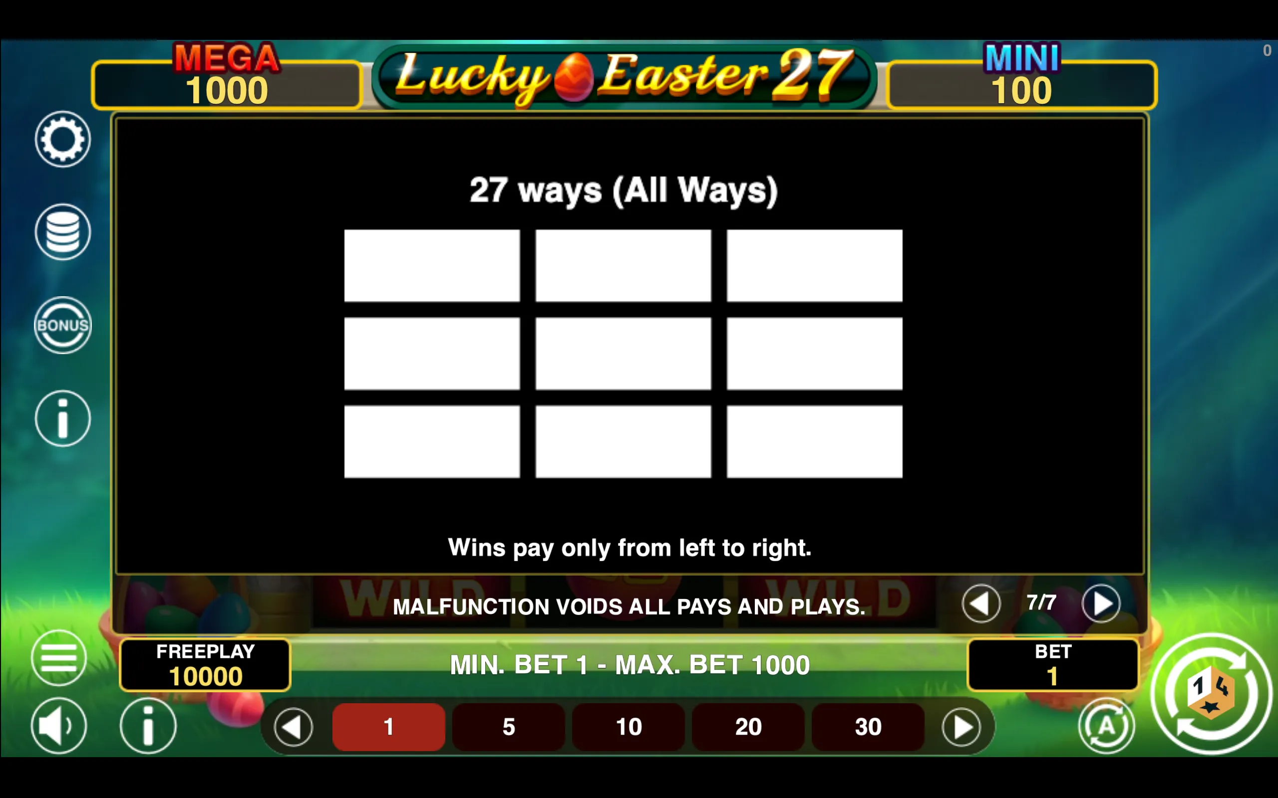 Lucky Easter 27 Hold & Win paytable page 7 with symbol payouts
