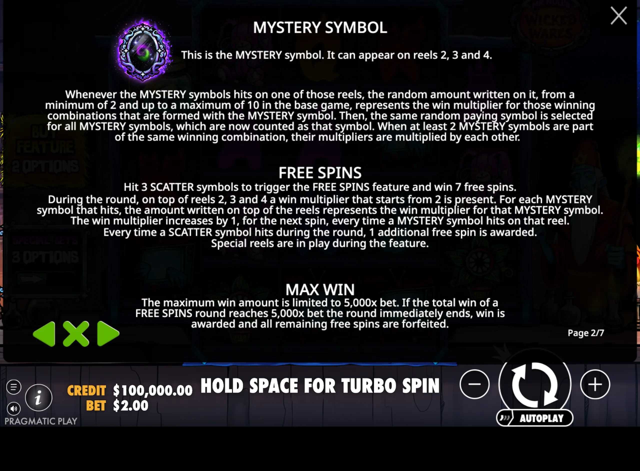Mystery symbol with a glowing purple aura and swirling green and purple inside, explaining its role on reels 2, 3, and 4, along with details on free spins and max win limits.