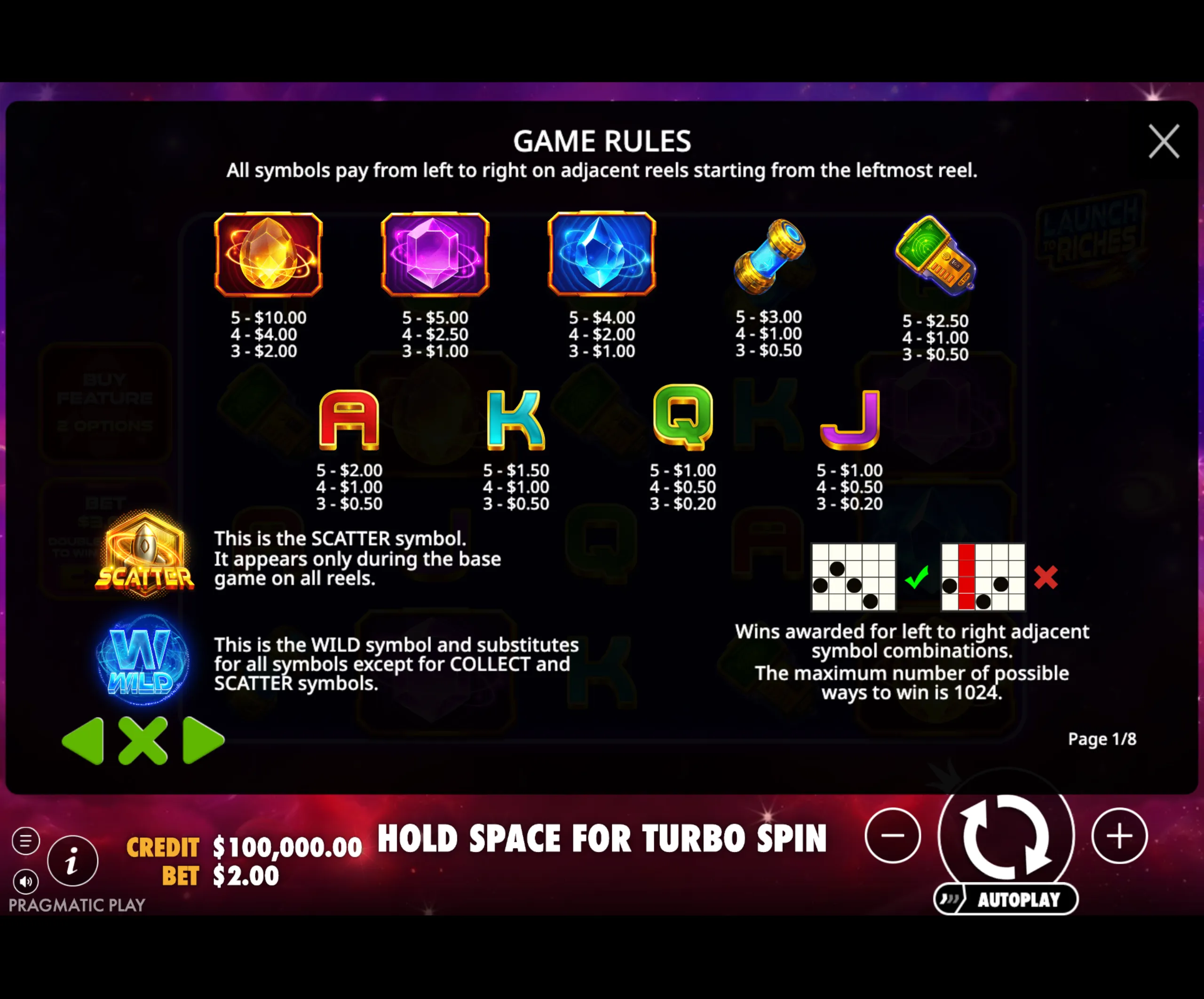 Launch to Riches slot game paytable and rules screen showing symbol payouts, scatter and wild symbols, and paylines.