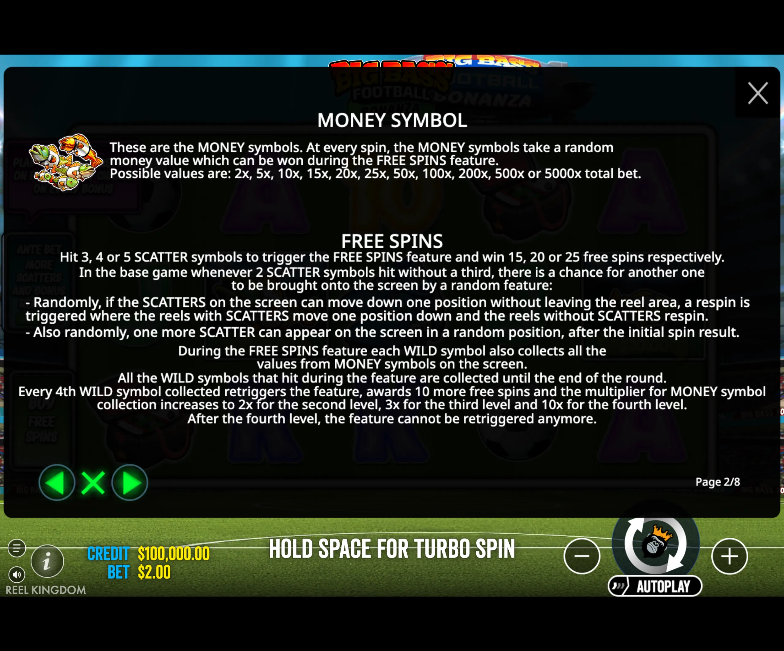 Big Bass Football Bonanza slot game instructions detailing the MONEY symbols with random multipliers and the FREE SPINS feature triggered by SCATTER symbols.