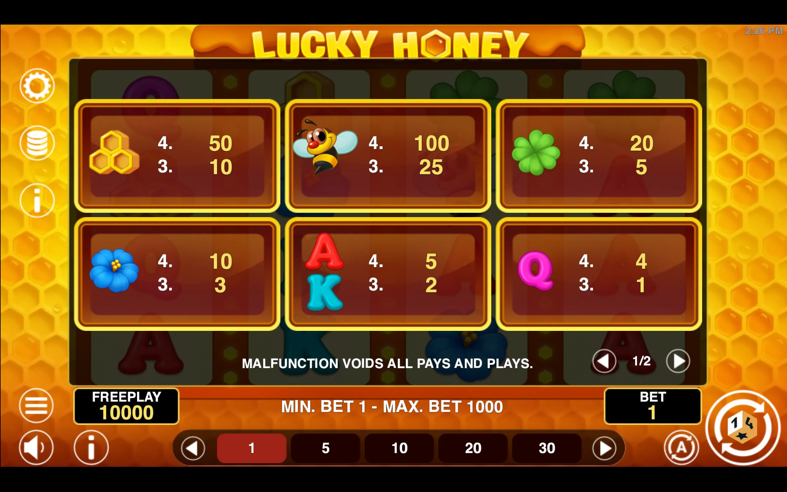 Lucky Honey paytable page 1 with symbol payouts