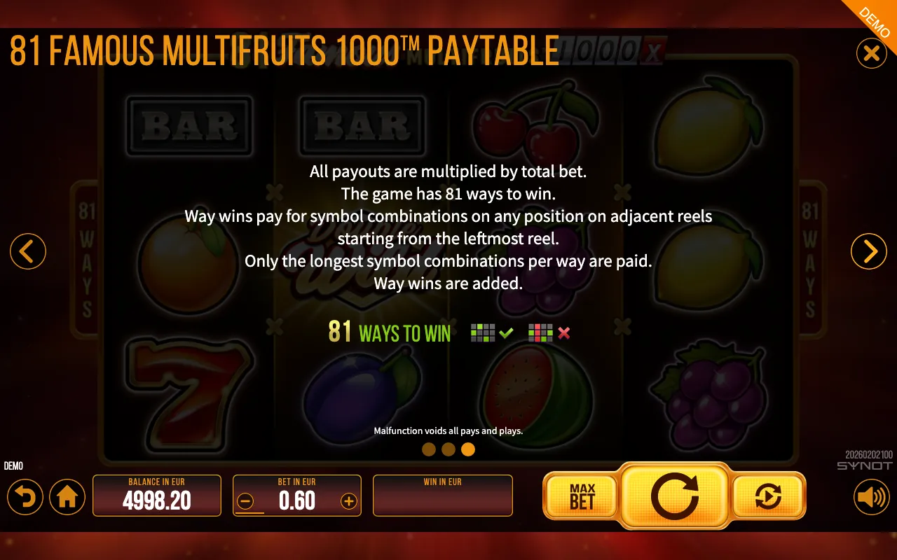 81 Famous Multifruits 1000 paytable page 2 with symbol payouts