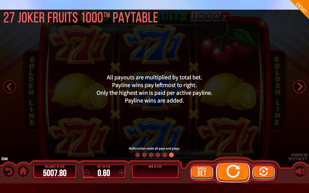 27 Joker Fruits 1000 paytable page 3 with symbol payouts