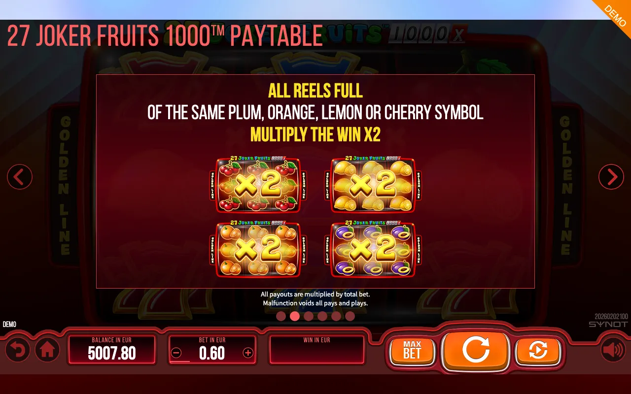 27 Joker Fruits 1000 paytable page 5 with symbol payouts