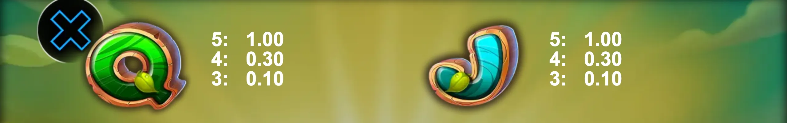 Colorful Easter-themed slot symbols Q and J with playful nature-inspired design and payout values