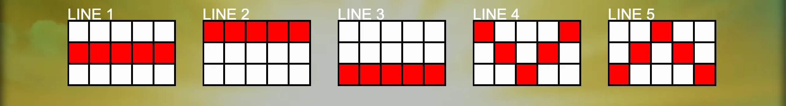 Easter Bird slot game paylines preview showing five distinct winning line patterns in red on a grid.