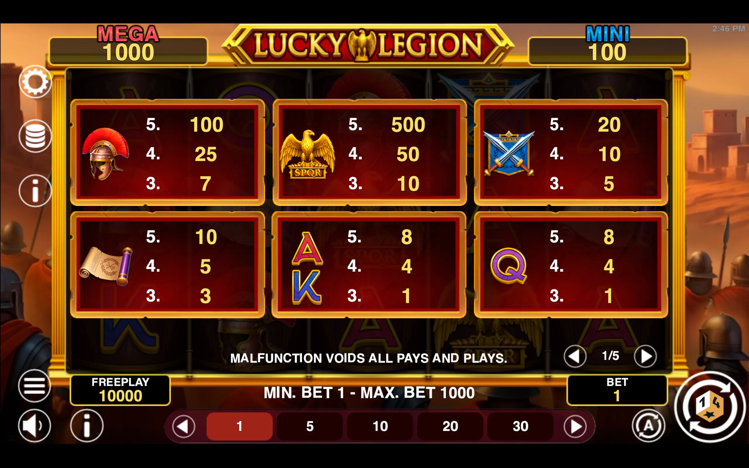 Lucky Legion Hold & Win paytable page 1 with symbol payouts