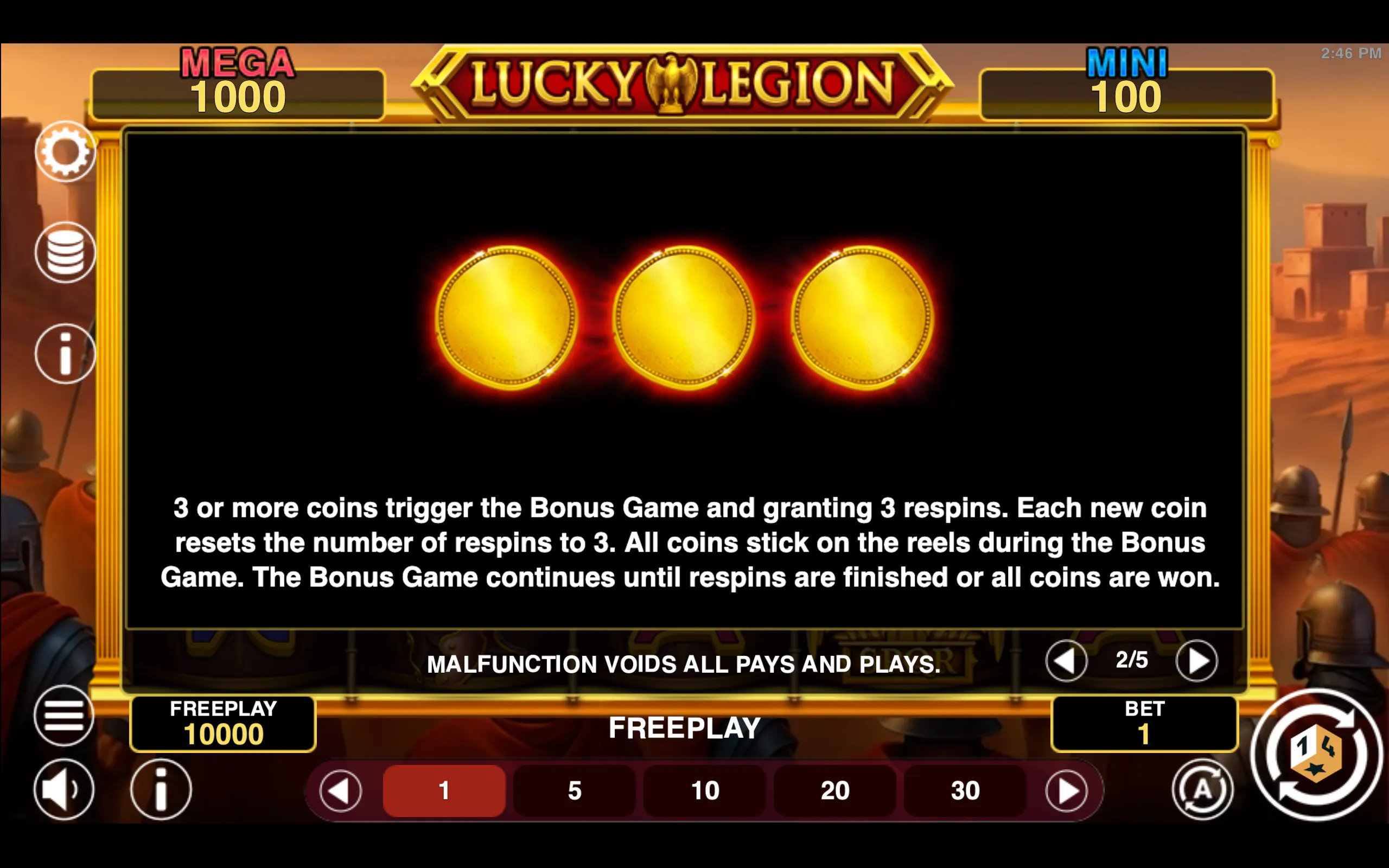Lucky Legion Hold & Win paytable page 2 with symbol payouts