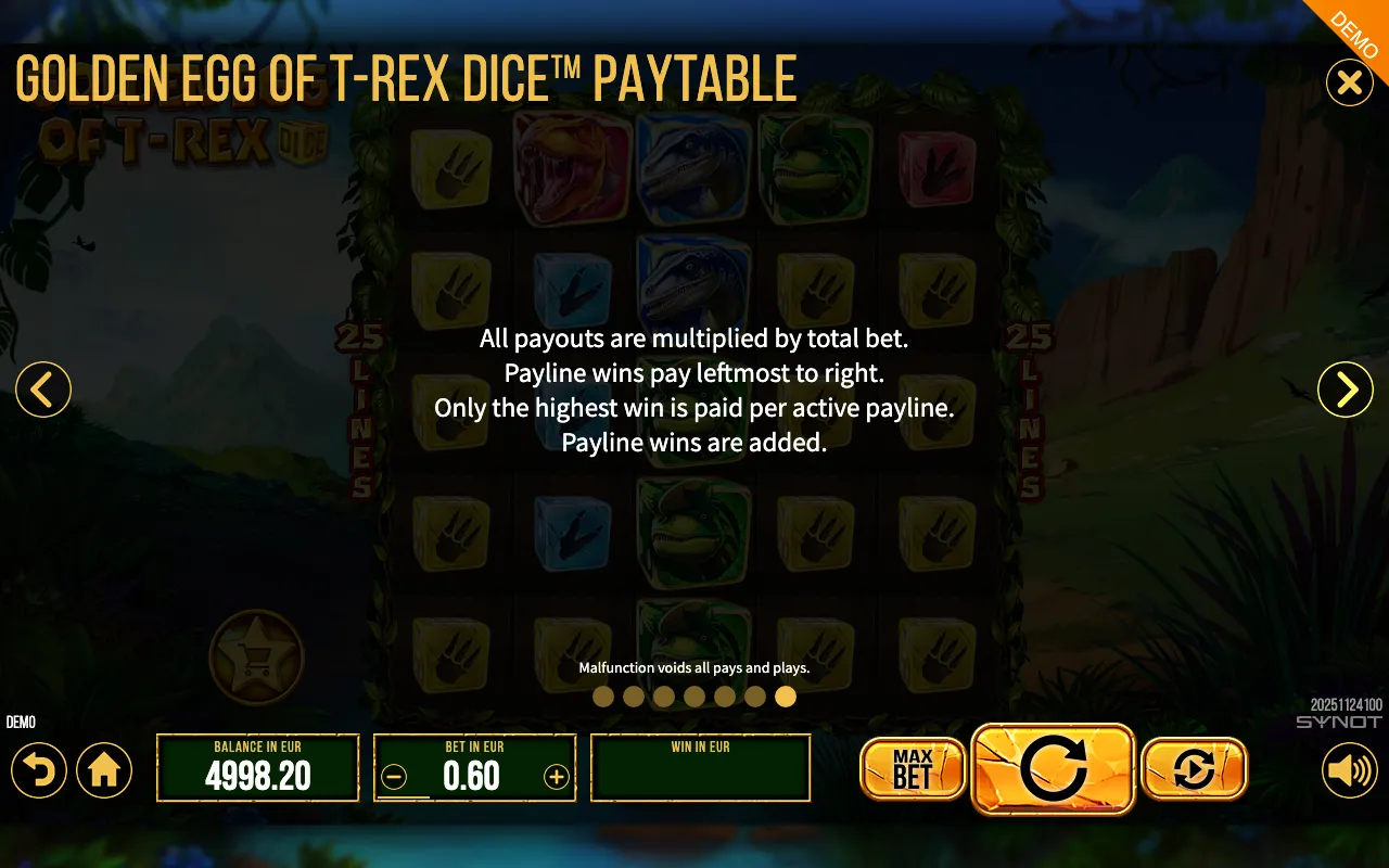 Golden Egg of T-Rex Dice paytable page 3 with symbol payouts