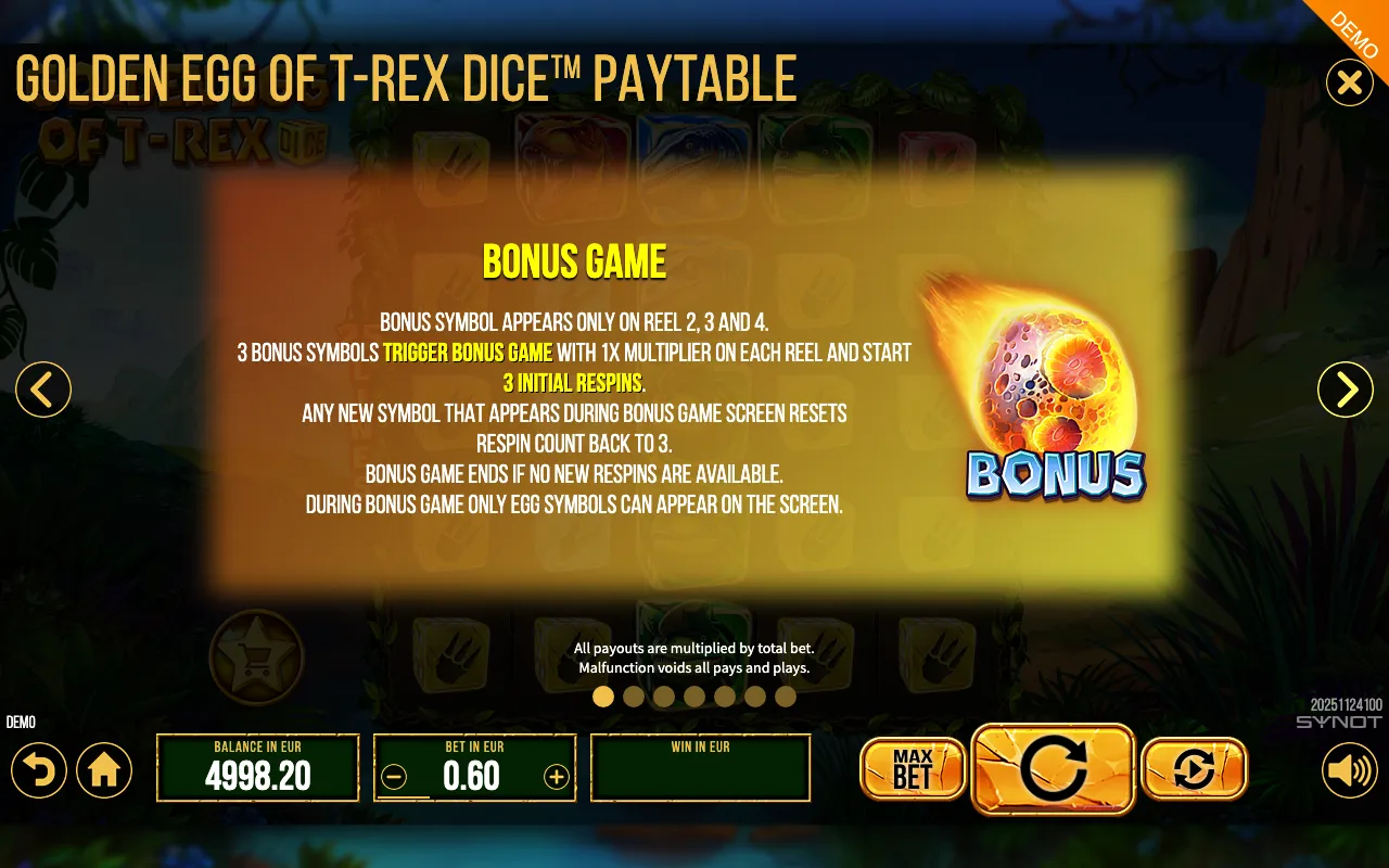 Golden Egg of T-Rex Dice paytable page 4 with symbol payouts