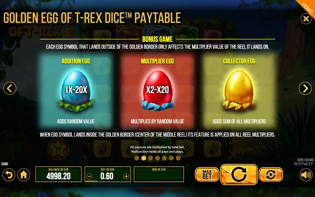 Golden Egg of T-Rex Dice paytable page 5 with symbol payouts