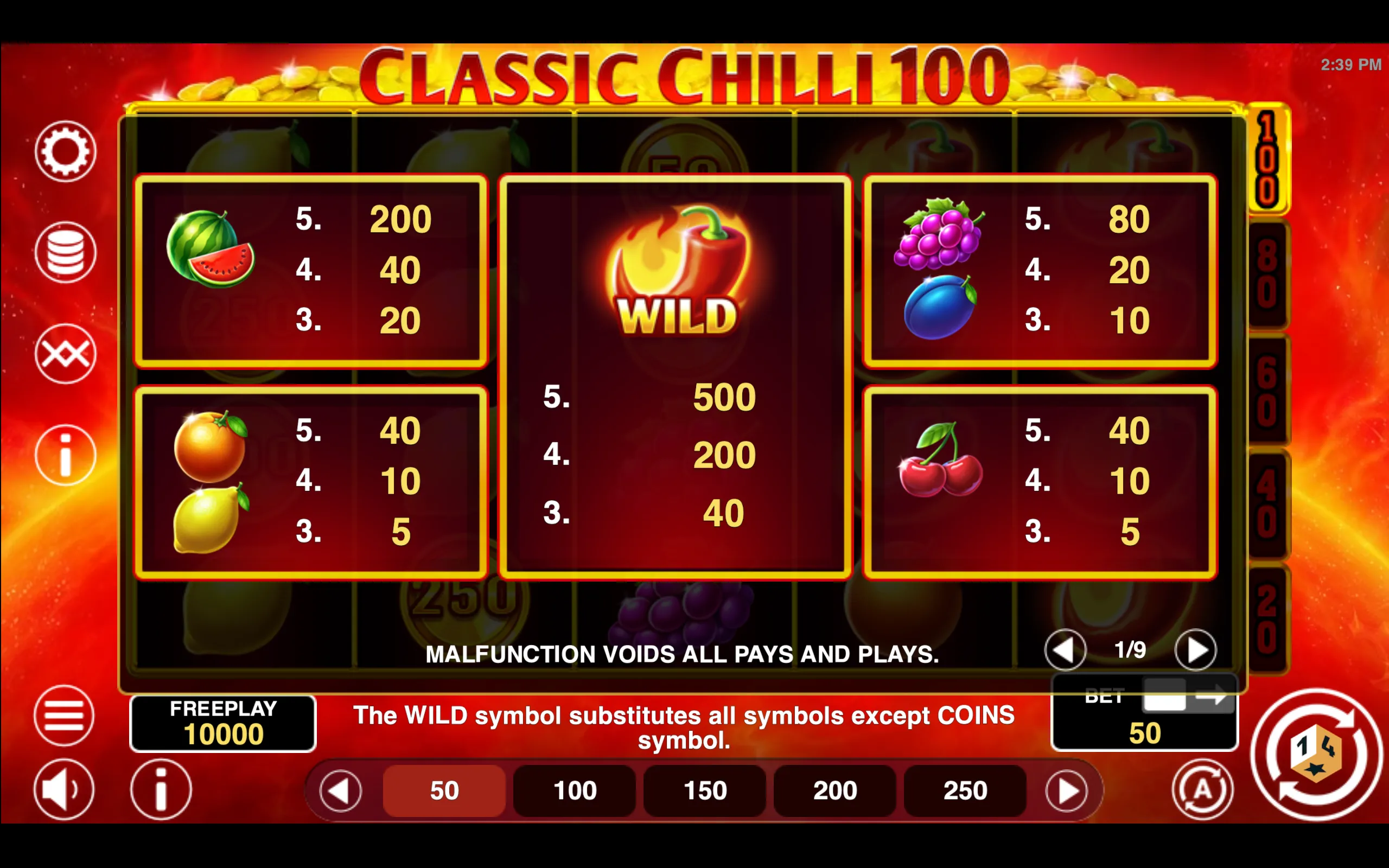 Classic Chilli 100 paytable page 1 with symbol payouts