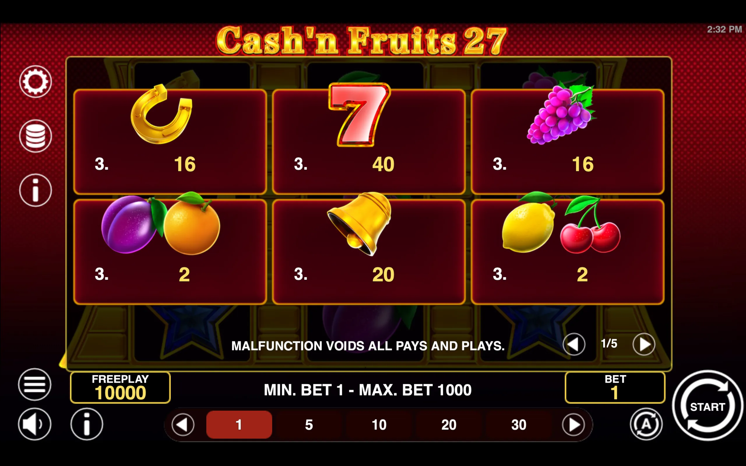 Cash'n Fruits 27 paytable page 1 with symbol payouts