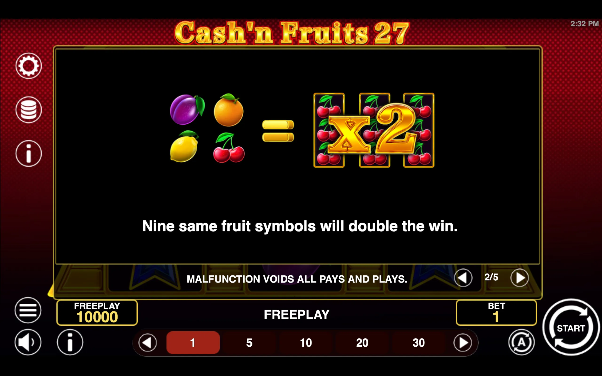 Cash'n Fruits 27 paytable page 2 with symbol payouts